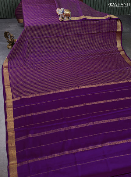 Pure mysore silk saree purple with allover small zari checked pattern and zari woven border