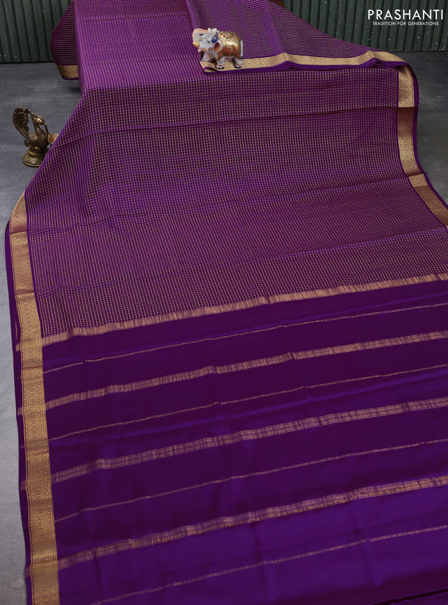 Pure mysore silk saree purple with allover small zari checked pattern and zari woven border