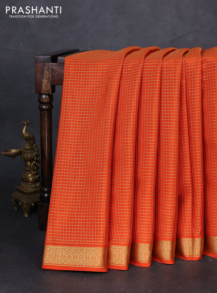 Pure mysore silk saree orange with allover zari checked pattern and zari woven border