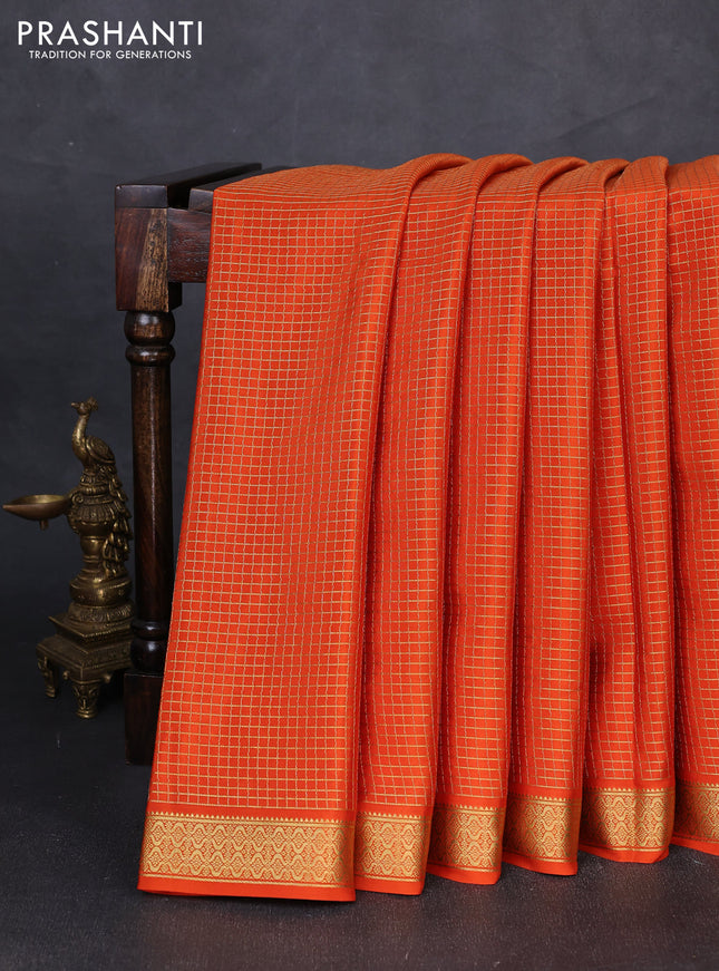 Pure mysore silk saree orange with allover zari checked pattern and zari woven border