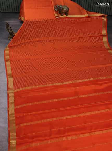 Pure mysore silk saree orange with allover zari checked pattern and zari woven border