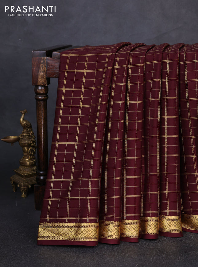 Pure mysore silk saree coffee brown with allover zari checked pattern and zari woven border