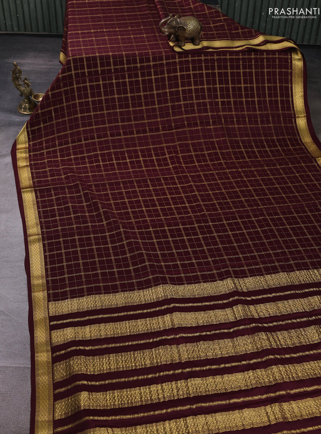 Pure mysore silk saree coffee brown with allover zari checked pattern and zari woven border