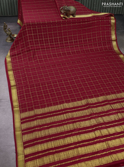 Pure mysore silk saree red with allover zari checked pattern and zari woven border