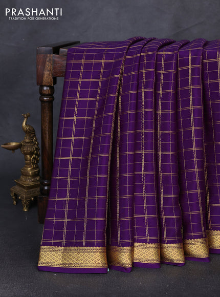 Pure mysore silk saree violet with allover zari checked pattern and zari woven border