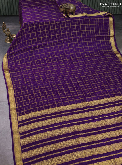 Pure mysore silk saree violet with allover zari checked pattern and zari woven border