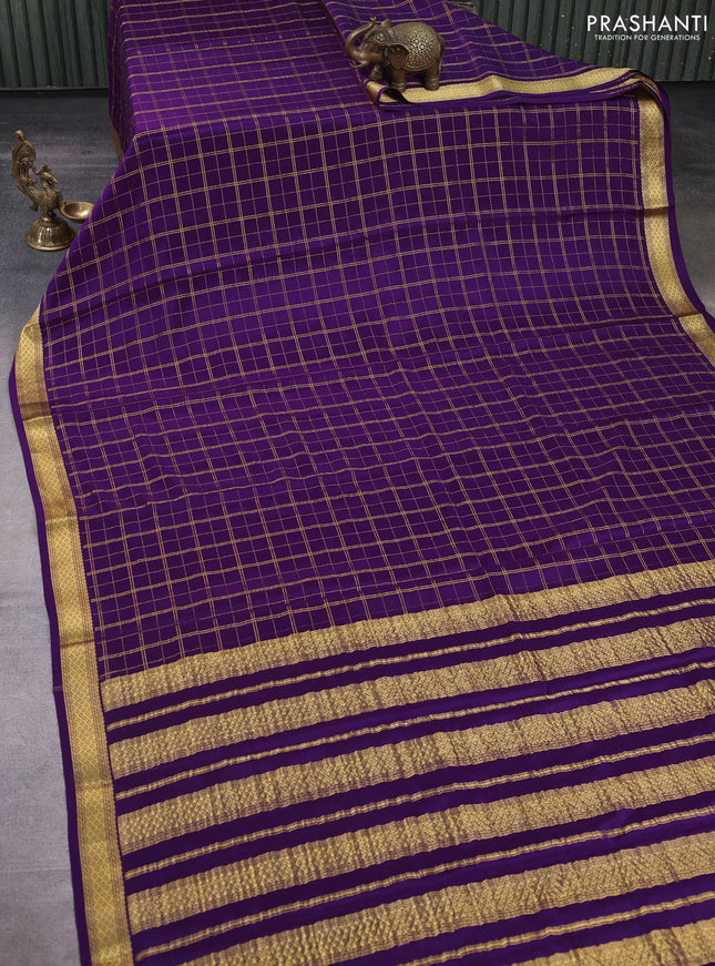 Pure mysore silk saree violet with allover zari checked pattern and zari woven border
