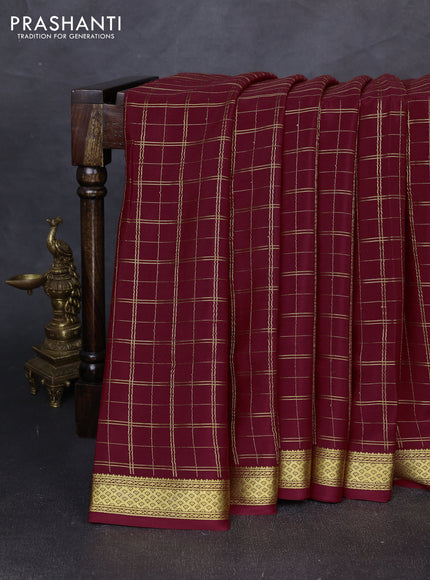 Pure mysore silk saree deep maroon with allover zari checked pattern and zari woven border