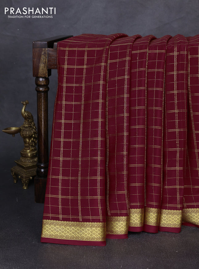 Pure mysore silk saree deep maroon with allover zari checked pattern and zari woven border