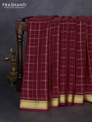 Pure mysore silk saree deep maroon with allover zari checked pattern and zari woven border