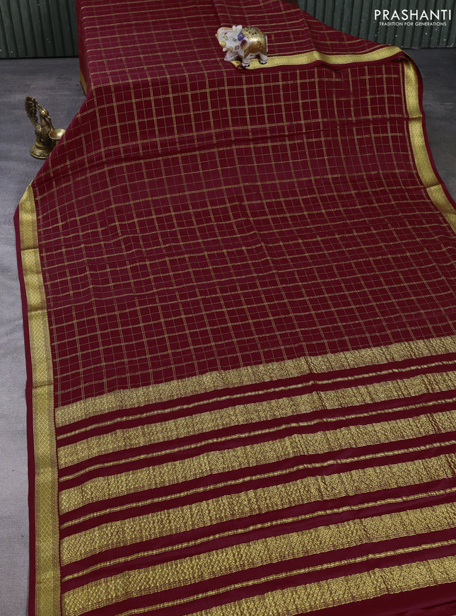 Pure mysore silk saree deep maroon with allover zari checked pattern and zari woven border