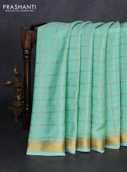 Pure mysore silk saree teal green with allover zari checked pattern and zari woven border