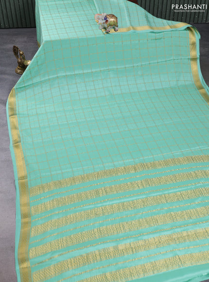Pure mysore silk saree teal green with allover zari checked pattern and zari woven border