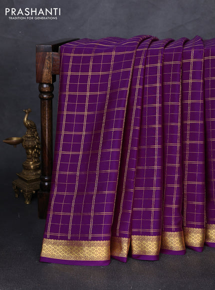 Pure mysore silk saree purple with allover zari checked pattern and zari woven border