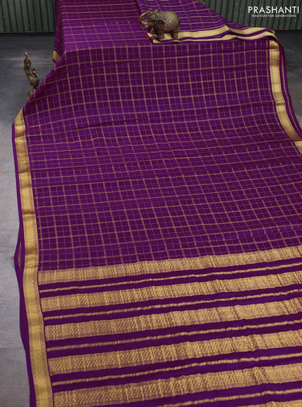 Pure mysore silk saree purple with allover zari checked pattern and zari woven border