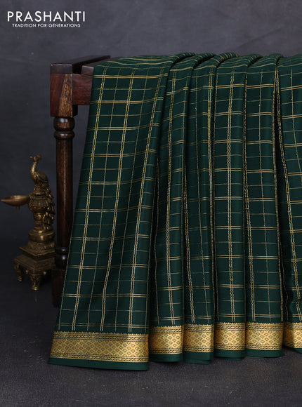 Pure mysore silk saree bottle green with allover zari checked pattern and zari woven border