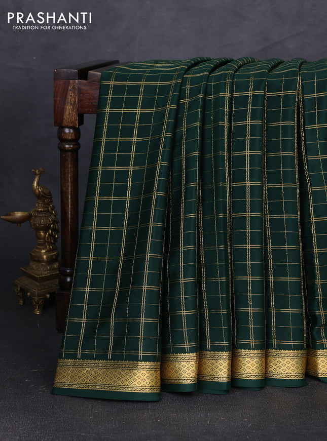 Pure mysore silk saree bottle green with allover zari checked pattern and zari woven border