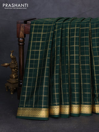 Pure mysore silk saree bottle green with allover zari checked pattern and zari woven border