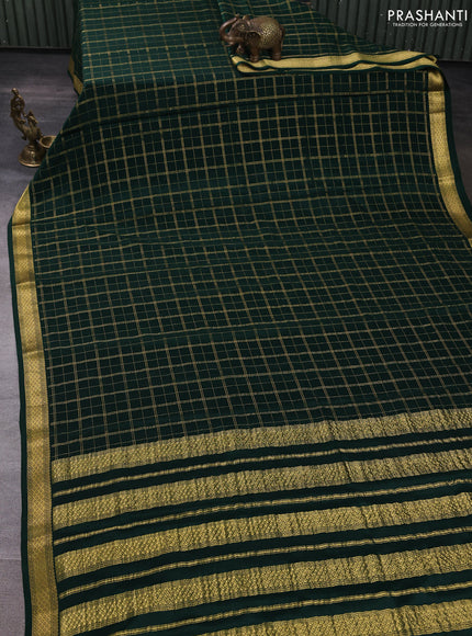Pure mysore silk saree bottle green with allover zari checked pattern and zari woven border