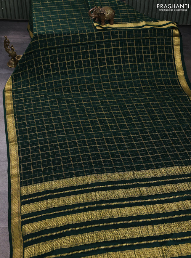 Pure mysore silk saree bottle green with allover zari checked pattern and zari woven border