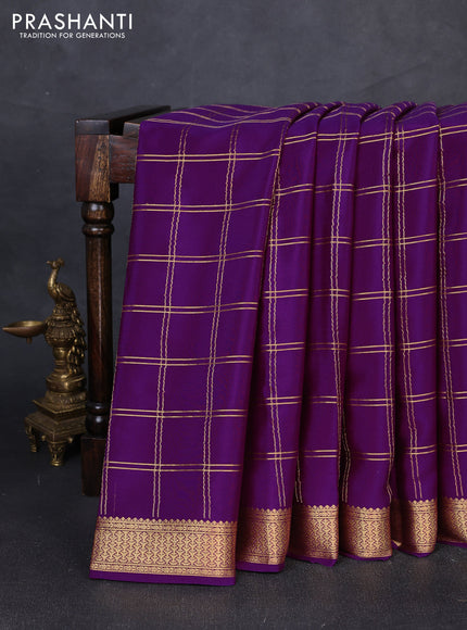 Pure mysore silk saree purple with allover zari checked pattern and zari woven border