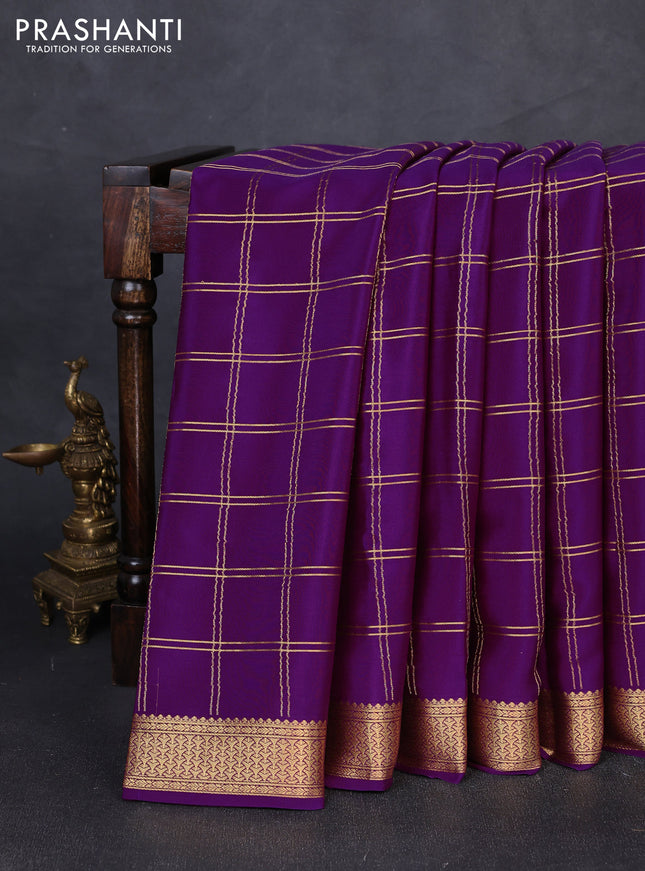 Pure mysore silk saree purple with allover zari checked pattern and zari woven border