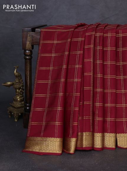 Pure mysore silk saree maroon with allover zari checked pattern and zari woven border