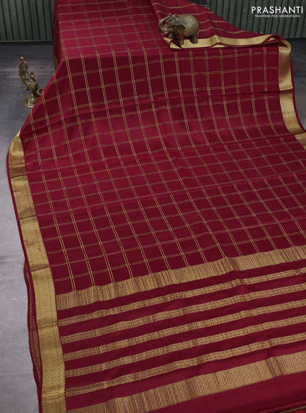 Pure mysore silk saree maroon with allover zari checked pattern and zari woven border