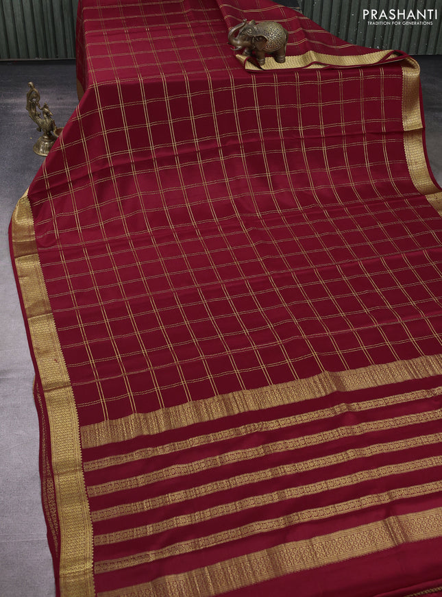 Pure mysore silk saree maroon with allover zari checked pattern and zari woven border