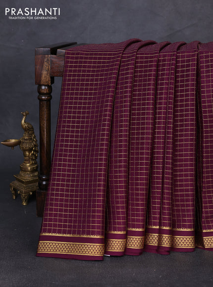 Pure mysore silk saree wine shade with allover zari checked pattern and zari woven border