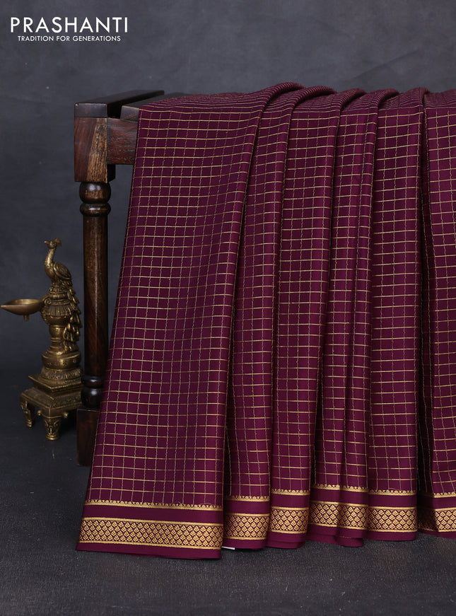 Pure mysore silk saree wine shade with allover zari checked pattern and zari woven border
