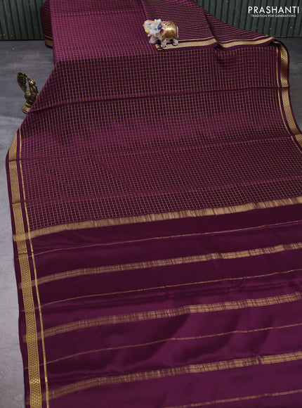 Pure mysore silk saree wine shade with allover zari checked pattern and zari woven border