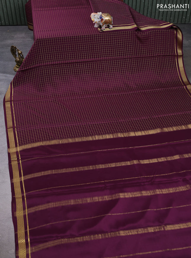 Pure mysore silk saree wine shade with allover zari checked pattern and zari woven border