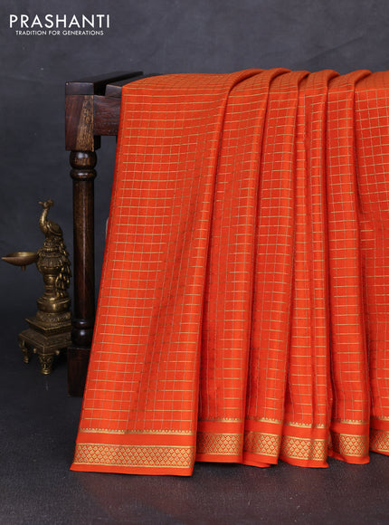Pure mysore silk saree rust shade with allover zari checked pattern and small zari woven border