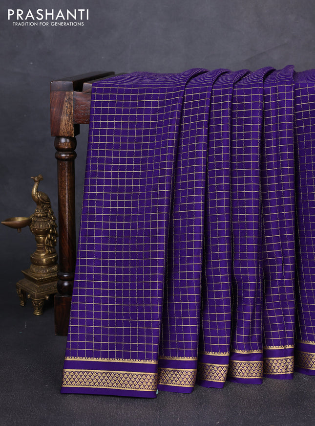 Pure mysore silk saree violet with allover zari checked pattern and small zari woven border