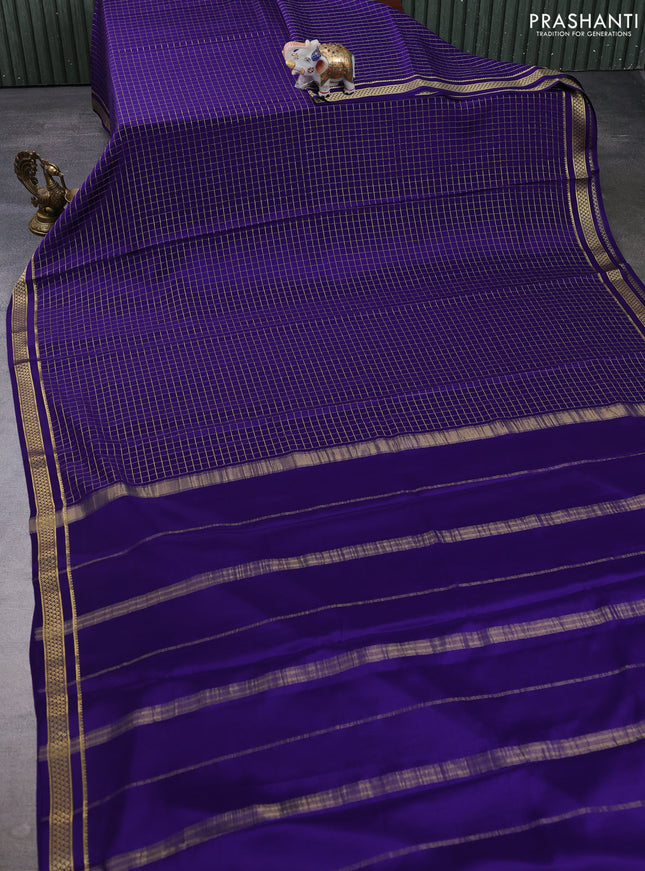Pure mysore silk saree violet with allover zari checked pattern and small zari woven border