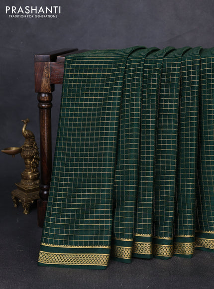 Pure mysore silk saree bottle green with allover zari checked pattern and small zari woven border