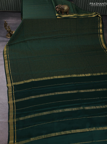 Pure mysore silk saree bottle green with allover zari checked pattern and small zari woven border