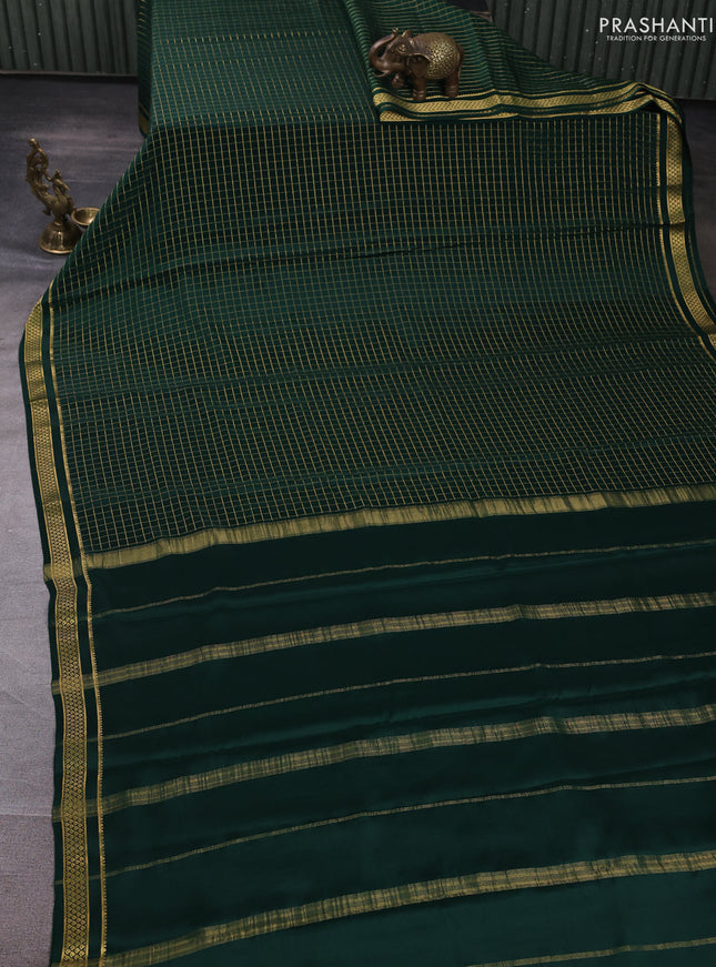 Pure mysore silk saree bottle green with allover zari checked pattern and small zari woven border