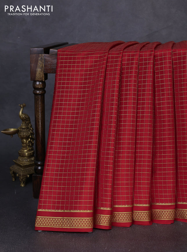 Pure mysore silk saree red with allover zari checked pattern and small zari woven border