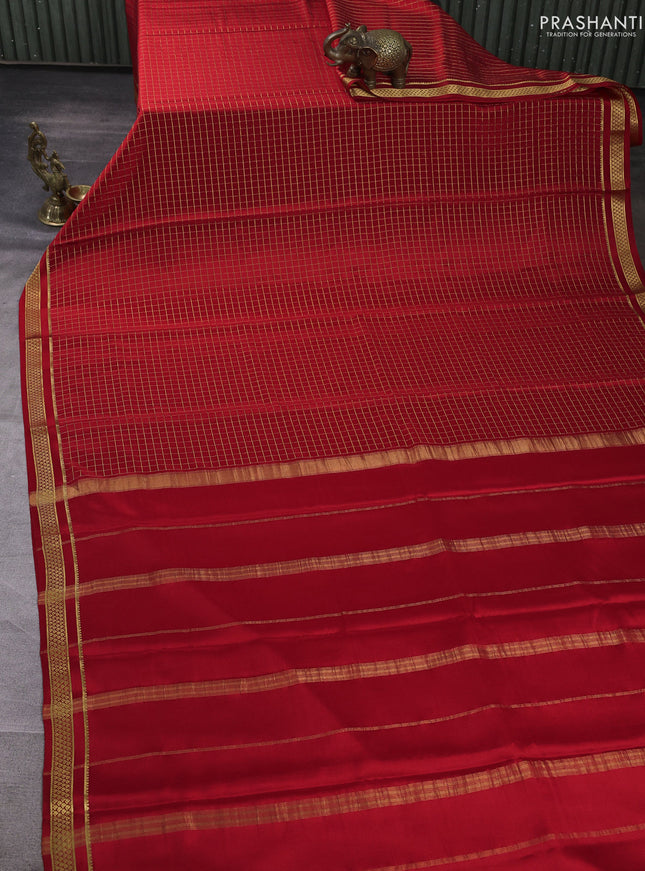 Pure mysore silk saree red with allover zari checked pattern and small zari woven border