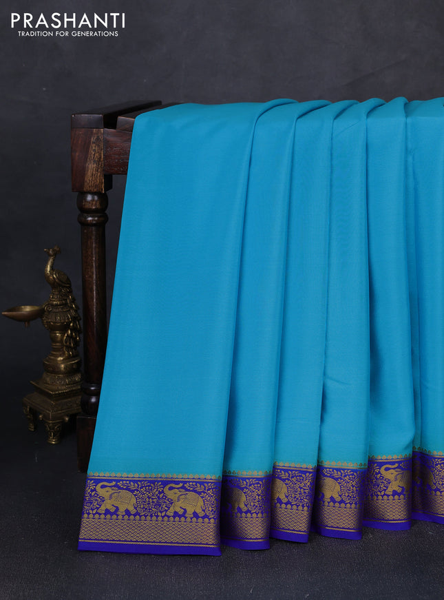 Pure mysore silk saree cs blue and royal blue with plain body and zari woven border
