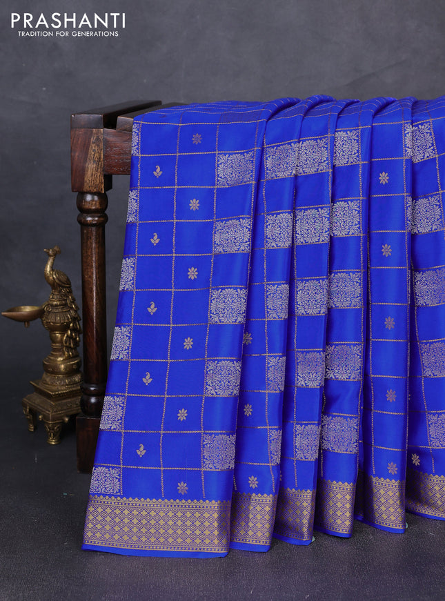 Pure mysore silk saree royal blue with allover zari checks & buttas and zari woven border