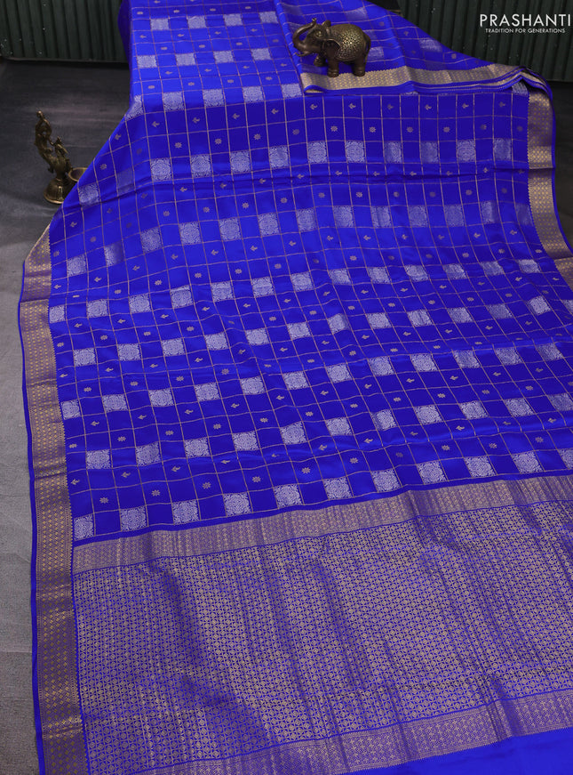 Pure mysore silk saree royal blue with allover zari checks & buttas and zari woven border
