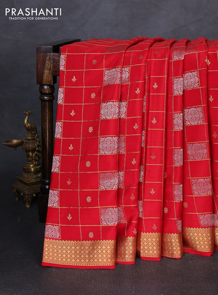 Pure mysore silk saree red with allover zari checks & buttas and zari woven border