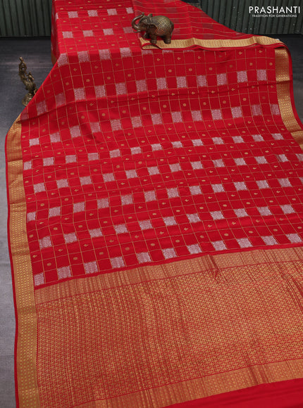 Pure mysore silk saree red with allover zari checks & buttas and zari woven border