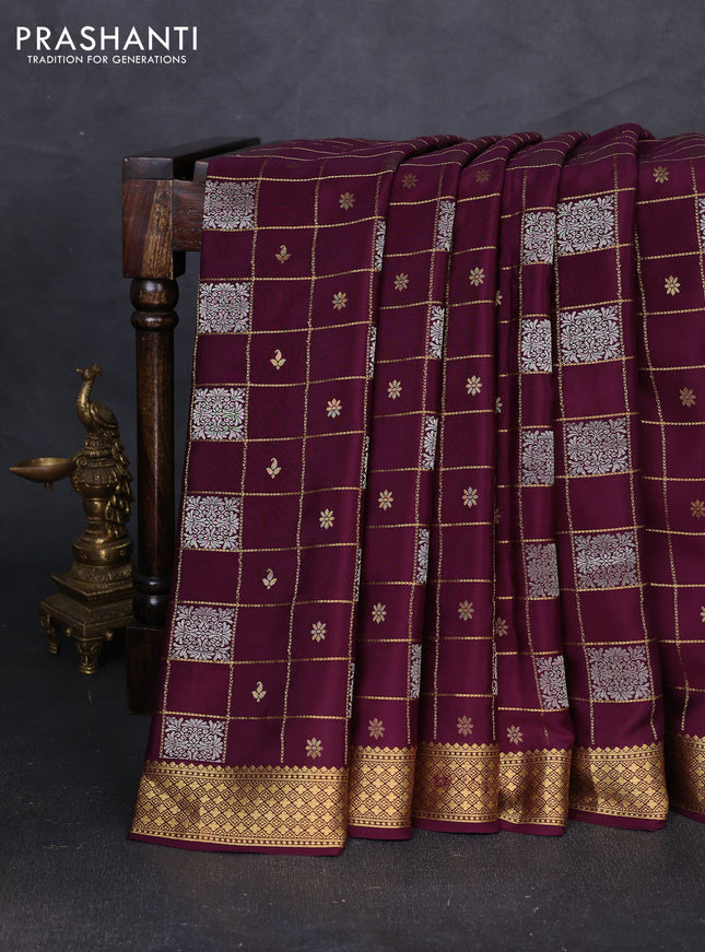 Pure mysore silk saree wine shade with allover zari checks & buttas and zari woven border