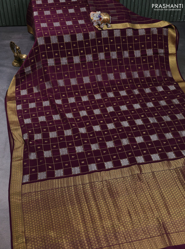 Pure mysore silk saree wine shade with allover zari checks & buttas and zari woven border
