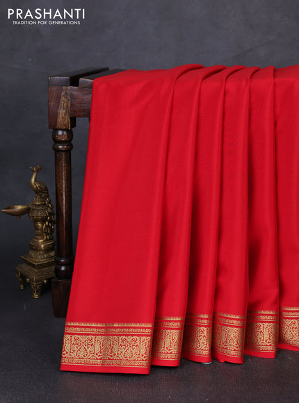 Pure mysore silk saree red with plain body and zari woven border
