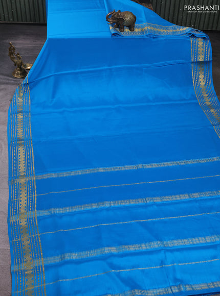 Pure mysore silk saree cs blue with plain body and zari woven border